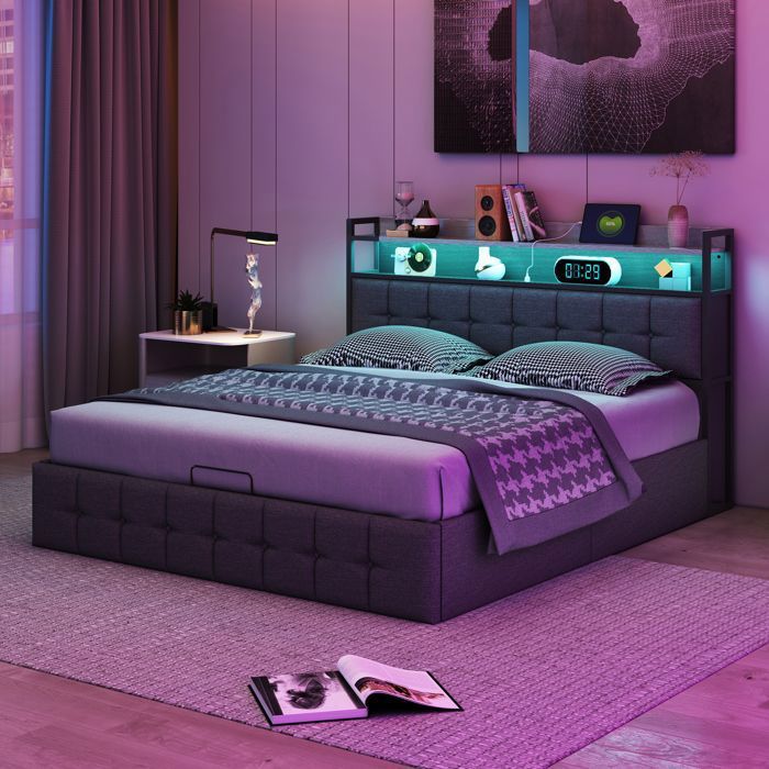 Lit 160x200 avec rangement lit 2 places avec ports USB et éclairage LED lit adulte avec sommier hydraulique lin gris