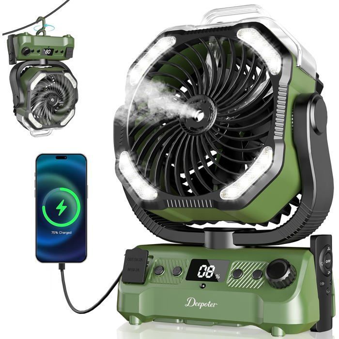 Ventilateur USB Rechargeable 20000mAh – Rotation 270° – Brumisation + LED – Silencieux avec télécommande Camping Maison Bureau