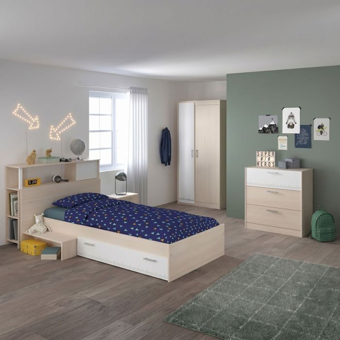 Chambre lit 90x190 avec environnement 1 armoire 2P et 1 commode - CHARLINE Chambre lit 90x190 avec environnement 1 armoire 2P et 1 commode - CHARLINE