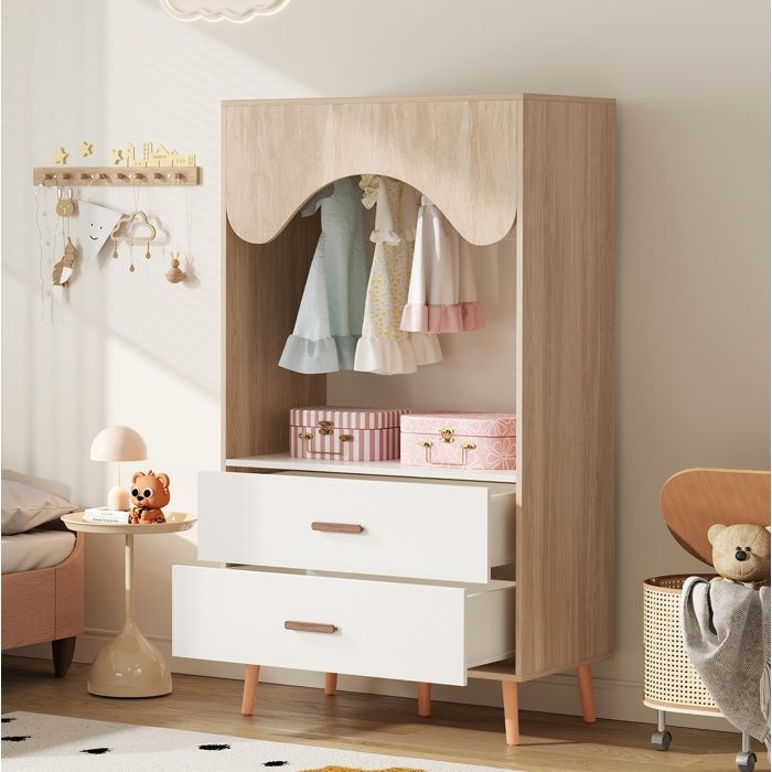Armoire enfant ouverte 80 x 46 x 141 5 cm avec tringle métal et 2 tiroirs blanc et bois naturel
