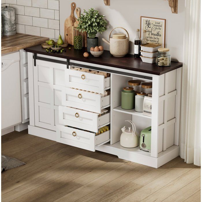 COVREO Buffet bas 150 x 40 x 85 cm avec 2 portes coulissantes 4 tiroirs MDF blanc