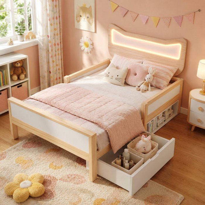 Modenuit Lit enfant 90 x 190 cm avec LED RGB sommier à lattes tiroir réversible et barrières blanc et chêne