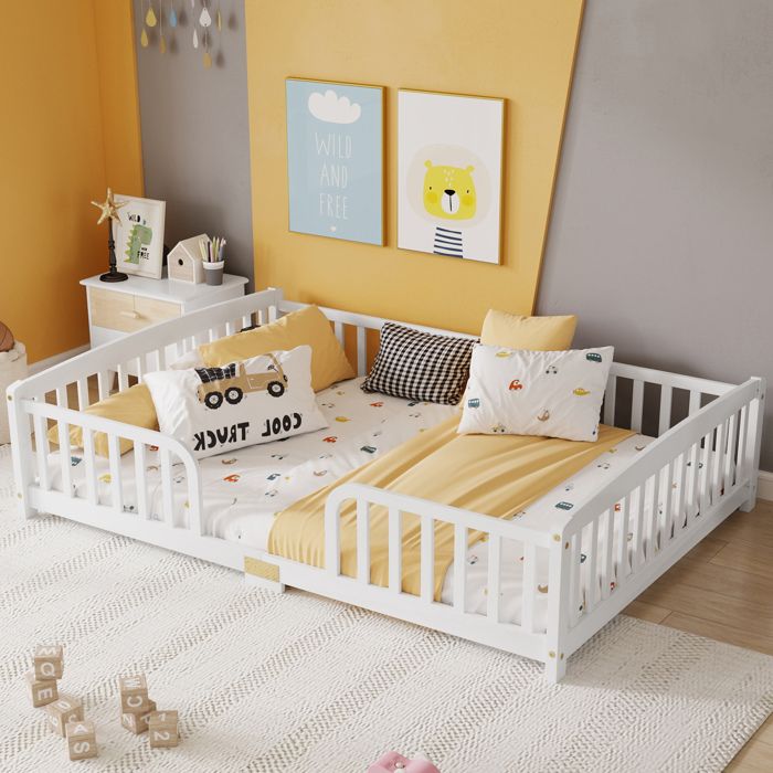 Lit enfant 2 places 140×200 cm avec barrière et accès central - ELVMI - sans matelas pin et contreplaqué - blanc