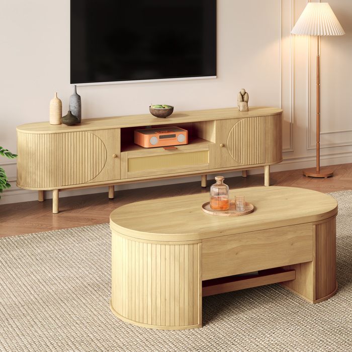 Ensemble de Meubles de Salon avec 1 Table Basse Relevable et 1 Meuble TV - MODENVIE - Rangement - MDF - Naturel