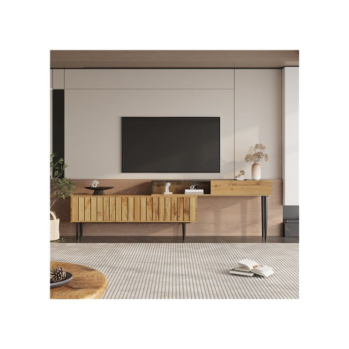 Meuble TV contemporain style marbre & bois structure en fer couleur chêne foncé robuste et élégant pour salon Meuble TV contemporain style marbre & bois structure en fer couleur chêne foncé robuste et élégant pour salon