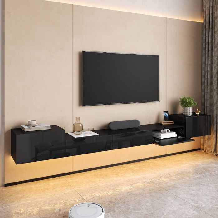 Meuble TV Suspendu 245 cm avec éclairage LED Meuble TV LED Haute Brillance Banc TV Mural pour Salon Moderne 245x30x26cm Noir