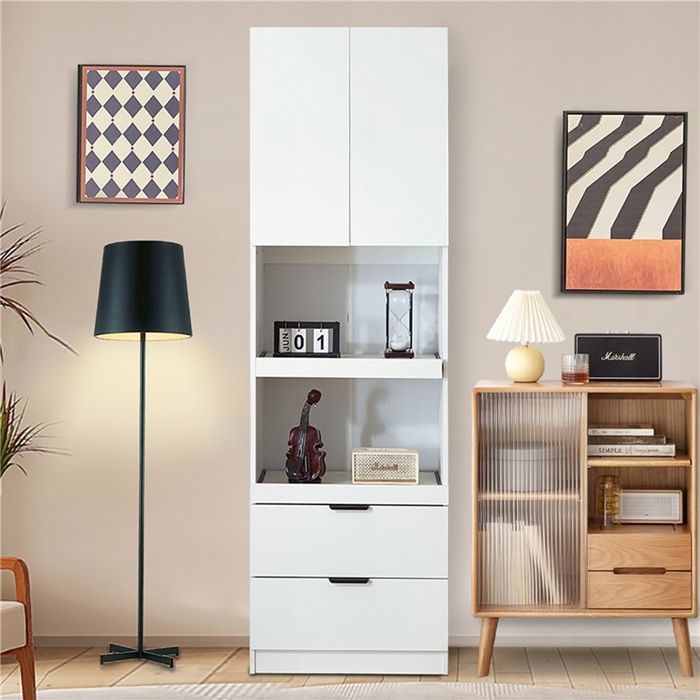 59.5x45x200cm Grand meuble haut blanc étagères micro-ondes intégrées tiroirs et portes sideboard polyvalent pour cuisine ou séjour 59.5x45x200cm Grand meuble haut blanc étagères micro-ondes intégrées tiroirs et portes sideboard polyvalent pour cuisine ou séjour