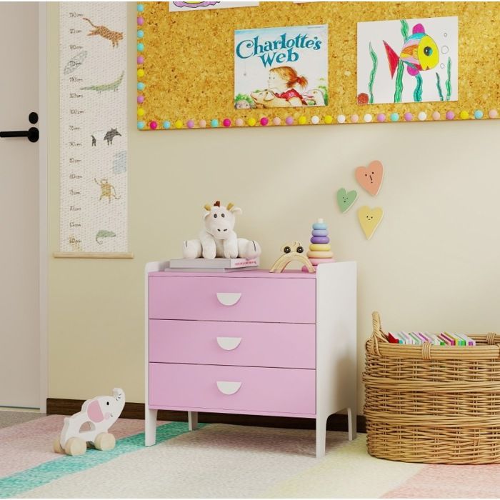 Commode Enfant 3 Tiroirs MDF Rose Et Blanc Commode Chambre FloraGrace Pour Chambre Enfant A Monter Soi-Meme 60x40x60cm
