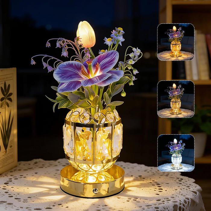 Lampes De Table 3 Couleurs Lampe Tulipe À Intensité Variable - Vase En Cristal Tactile Lampe De Chevet Rechargeable - Fleur[LL834]