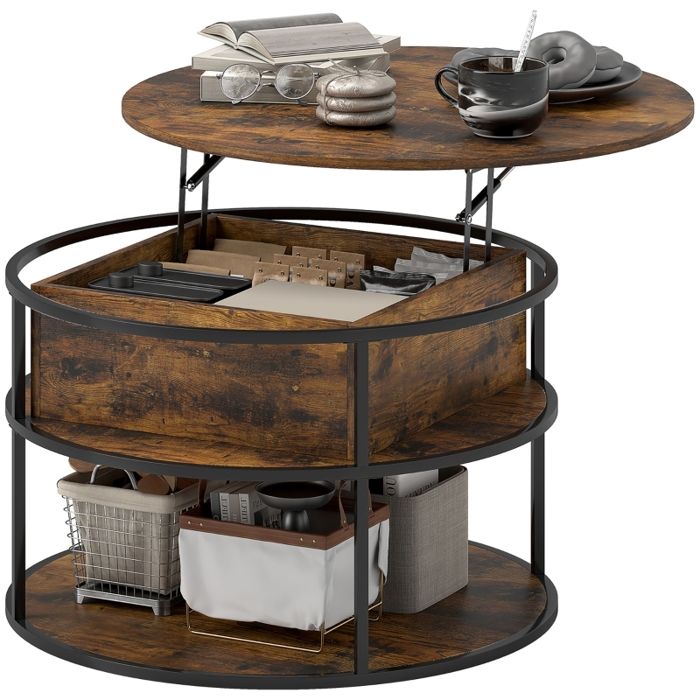 Table basse relevable ronde - Ø80 cm - Hauteur réglable 47-615 cm - Surface de rangement - Rangement caché - Bois