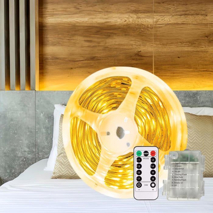 Ruban LED à piles 5m150 LEDs Flexible Bande LED Autocollante avec TélécommandeDimmable8 ModeMinuterieÉtancheDécoupable 3000K