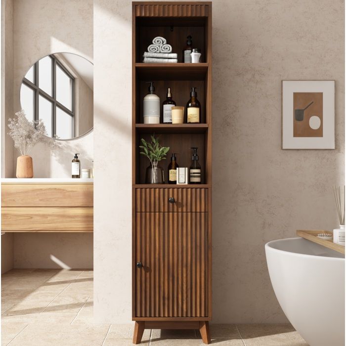 Colonne de salle de bain AESVAR 172 cm armoire haute en MDF effet noyer porte réversible et tiroir