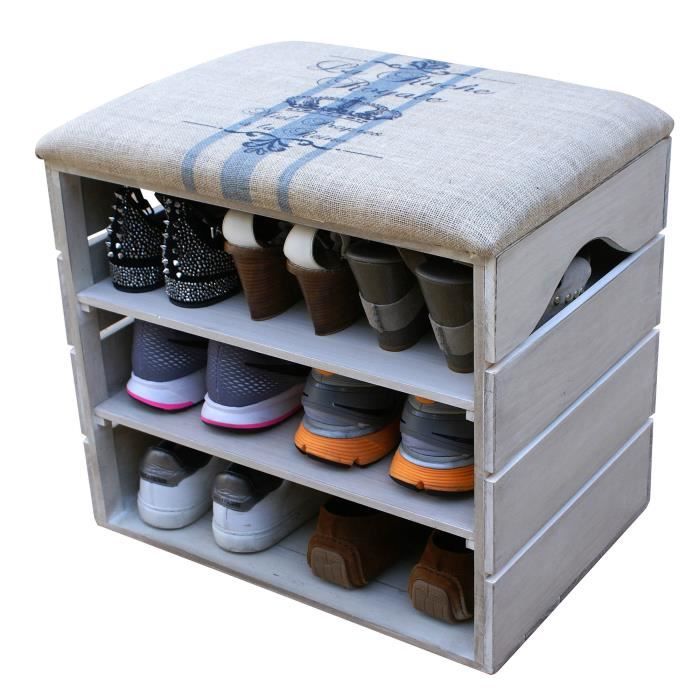Liza Line Meuble A Chaussures Vintage En Pin Massif Nordique Avec Assise Confortable Blanc Vieilli Lignes Bleues