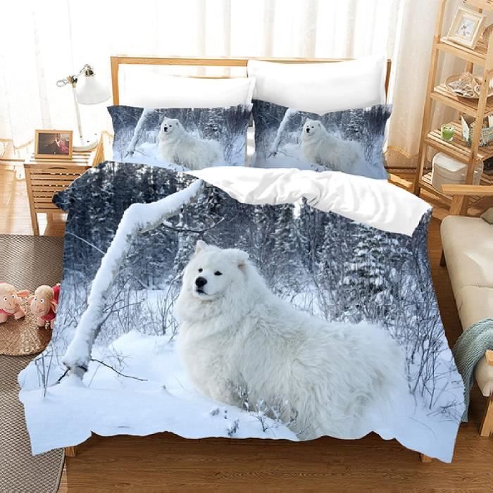 Housse de Couette Samoyède - Parure de Lit pour Enfant et Adulte - Chien Animal Imprimé 3D - 140x200cm