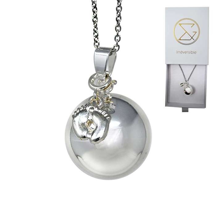 Bola de grossesse argent lisse avec chaîne - EVA (Pieds) - plaquée argent véritable - coffret cadeau femme enceinte