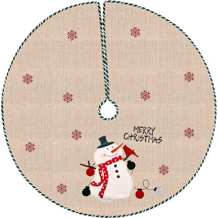Jupe De Sapin De Noël En Lin Avec Flocons De Neige - Diamètre 80 Cm, Couleur Kaki, Protection Sol Et Déco