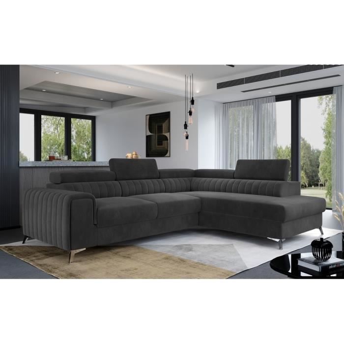 Canapé dangle convertible - LARRY VELOURS - en tissu Luxe gris foncé 5 places angle droit (vu de face)