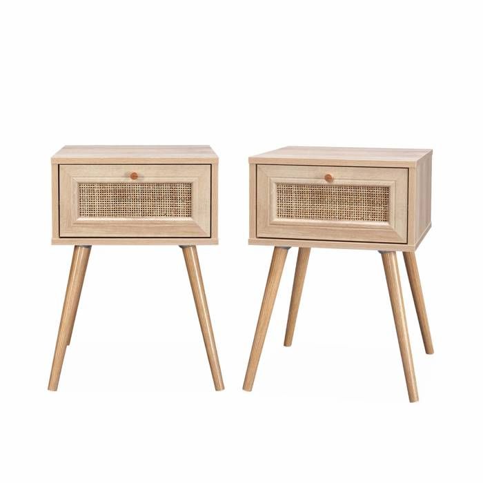 Lot de 2 tables de chevet décor bois & cannage avec 1 tiroir - Bohème