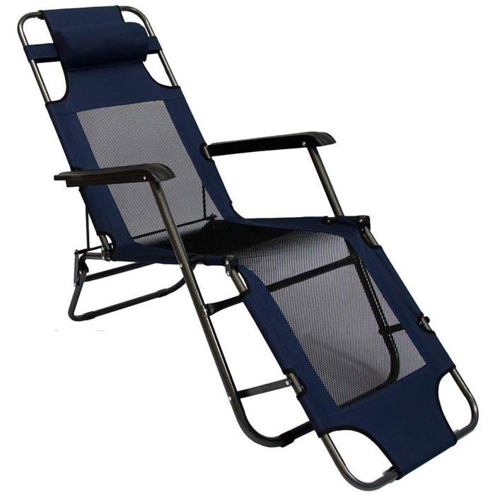 chaise longue pliable pour camping et jardin | transat inclinables avec repose-tête | couleur bleu foncé | structure en acier | p...