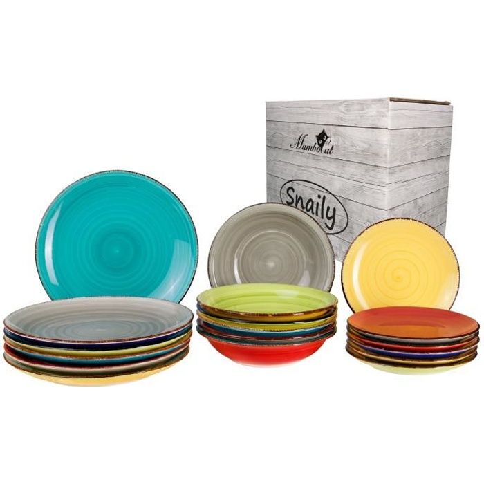 18 pièces Ensemble d'assiettes Malaga Snaily pour 6 personnes vaisselle colorée, assiette à gâteau + assiette plate + assiette à