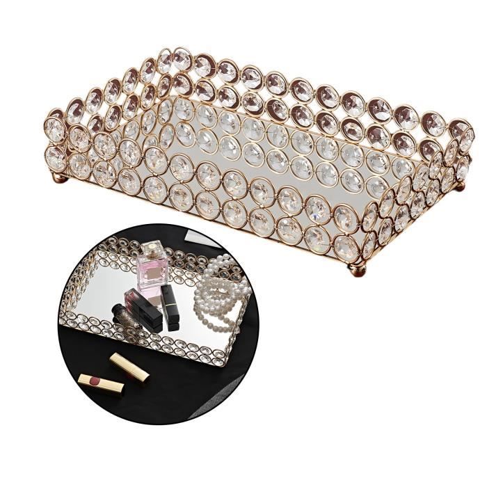 Yoye Plateau décoratif doré en verre miroir pour parfums salle de bain cosmétiques coiffeuse maquillage plateau de rangement vintage en cuivre pour bijoux 