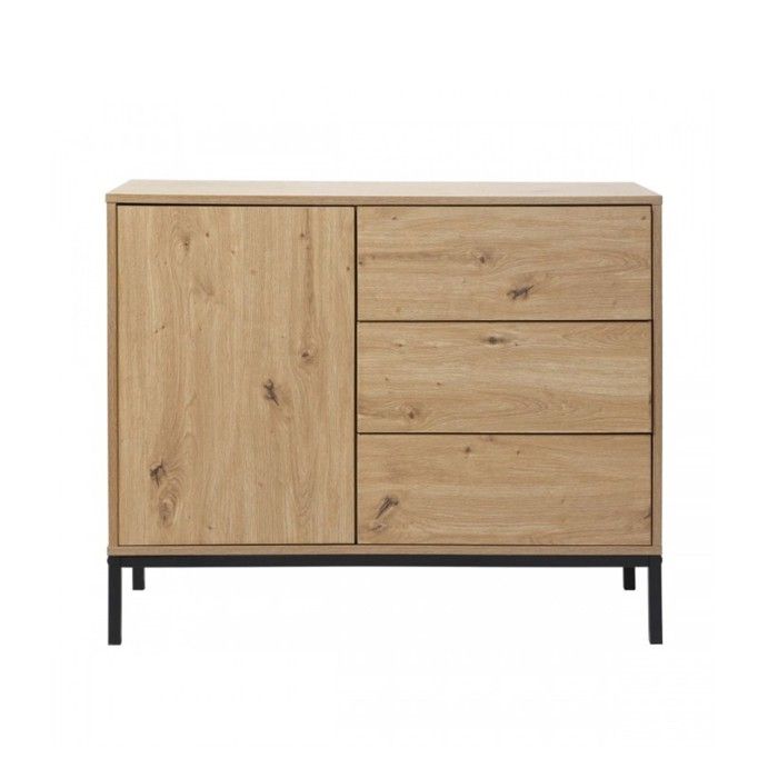 CALICOSY - Commode 1 Porte 3 Tiroirs Décor Chêne L90 x H80 cm - LENNY - Chêne