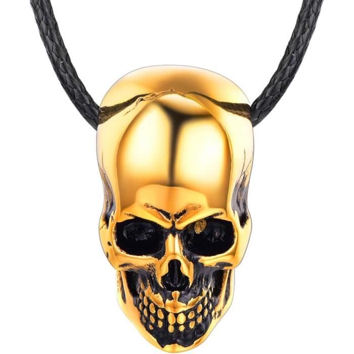 collier-bracelet homme acier-plaqué or-argent 925 pendentif tête de mort crâne gotique avec chaîne en métal-corde bijoux pun[u5811]