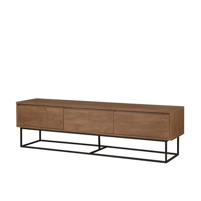meuble tv - emob - aghata - décor bois de noyer - cadre en métal noir - 3 tiroirs