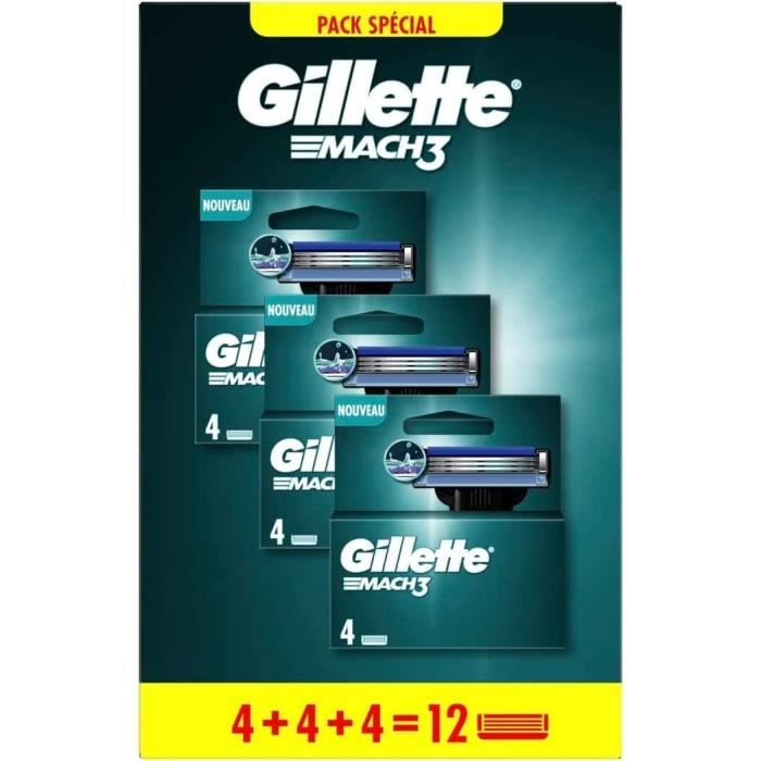 Gillette Mach3 Recharges De Lames De Rasoir Pour Homme,12 Recharges De Lames,Pack 4 x 3 Lames,Rasage Confortable