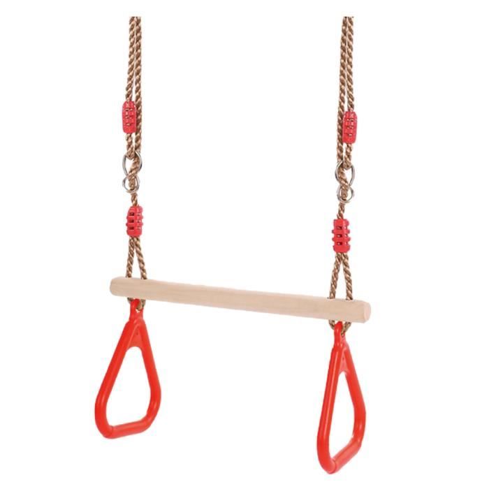 Trapeze Balançoire Multifonctionnelle en Bois pour Enfants avec Anneaux de Gymnastique en Plastique pour Accrocher jusqu'à 120 kg