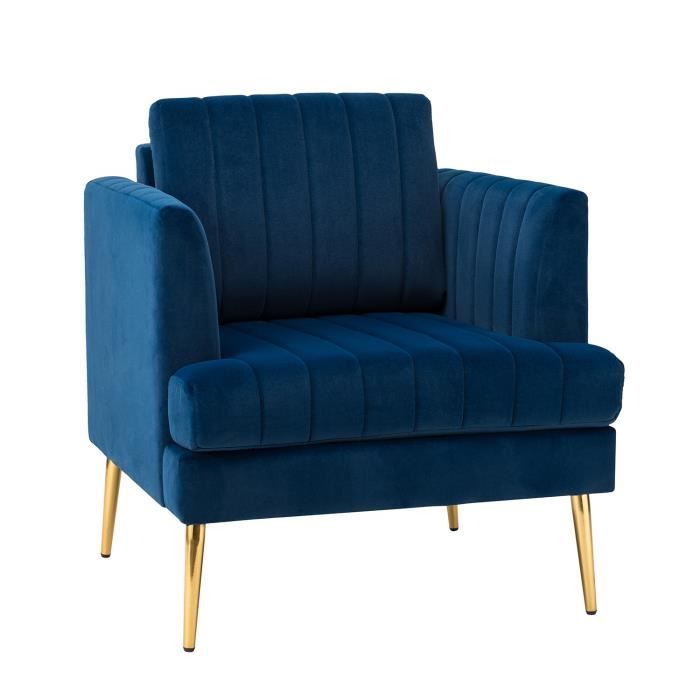 fauteuil lounge en velours - hulala home - moderne - coussin amovible - pieds en métal doré - bleu marine