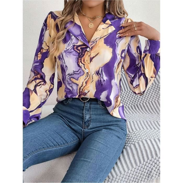 Chemisier Femme Manches Longues Col En V Casual Chemise Imprimé
