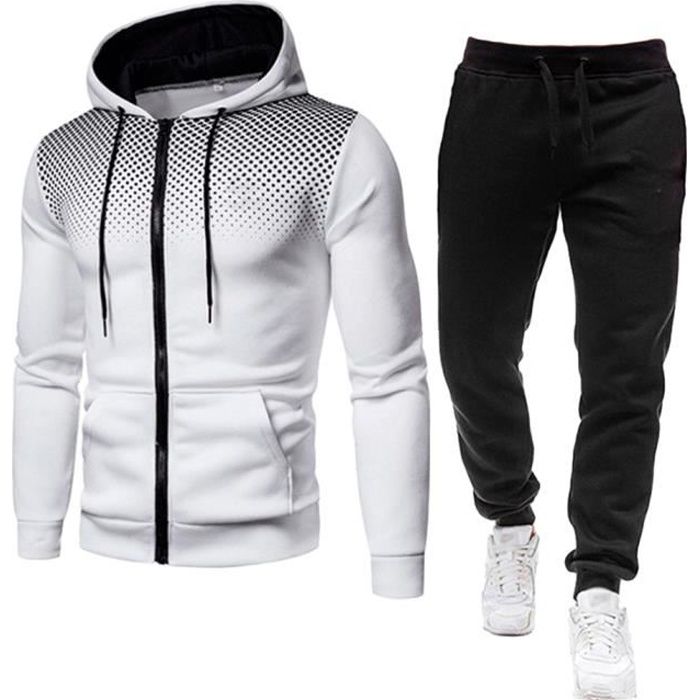 Survêtement Homme Ensemble à Capuche et Pantalon de Sport Jogging  Survêtement Deux Pièces Sport Ensemble,Blanc