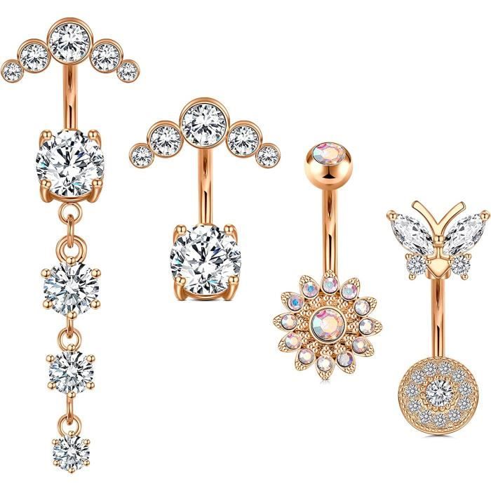 Lot De 5 Piercings Nombril Acier Inoxydable - Styles Cœur Et Papillon - Pour Femmes Et Filles