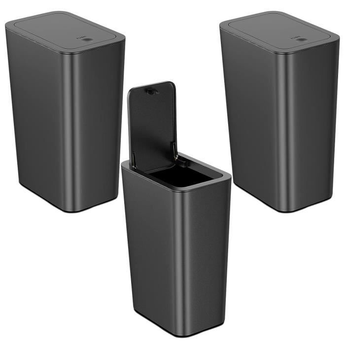 Lot De 3 Poubelles Métal 12L - Design Noir Avec Bord Anti-fuite, Facile à Nettoyer, Pour Bureau, Cuisine, Salle De Bain