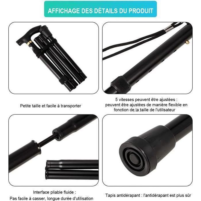 Canne De Marche Pliante Et Réglable Légère - Noire, Neuve, Marque SODIAL