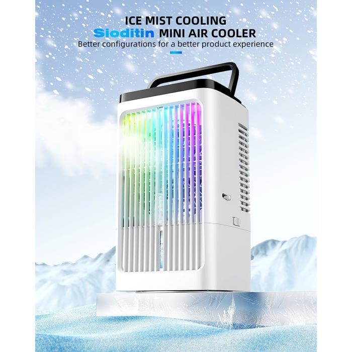 Climatiseur Mobile Silencieux 4 En 1 - Ventilateur, Humidificateur, Brumisateur, Veilleuse - Réservoir 900ml, Minuterie, Oscillation 90°