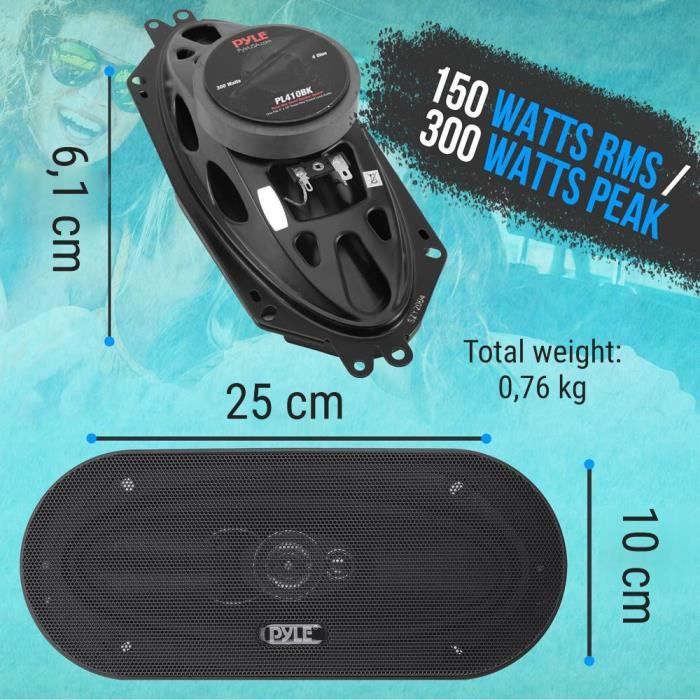 2 speakers PYLE PL410BK 3 weg coaxiale 4 x 10 10 x 25 cm 100 x 250 mm 150 watt rms 300 watt max 4 ohm 91 db zwart voor auto, per paar