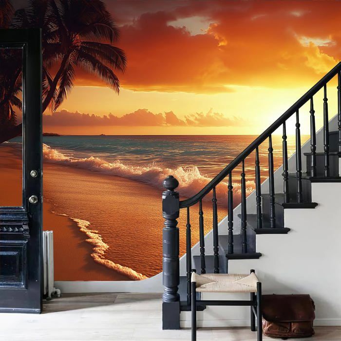 Papier Peint Plage tropicale Panoramique 3D coucher de soleil avec ...