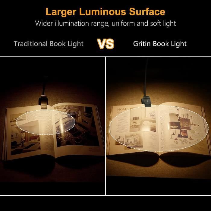 Gritin Lampe de Lecture Rechargeable, 9 LED Liseuse Lampe Clip