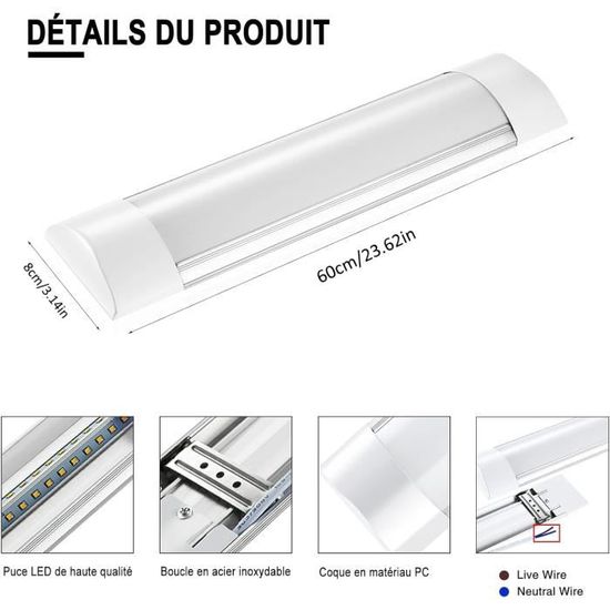 Lot De 4 Réglette Led Étanche 60Cm, Plafonnier Exterieur Led 20W 2400Lm Blanc Froid 6500K, Neon Tube Led Aluminium Et Pc Lum[u3836] - Maison