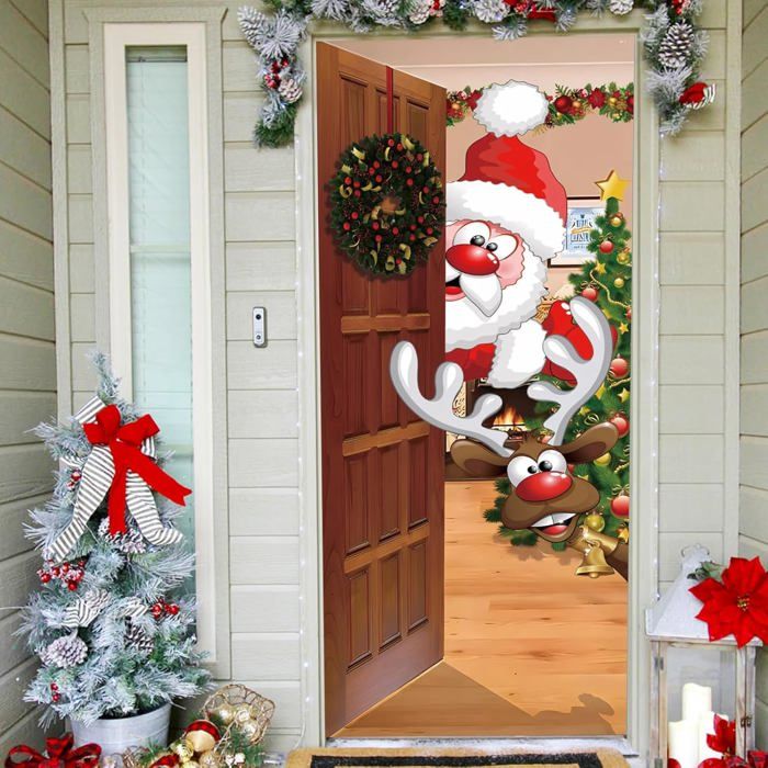 Tenture De Porte Père Noël JunD - 90x200 Cm, Polyester Lavable, Fixation Velcro, Décoration Noël Intérieur/extérieur