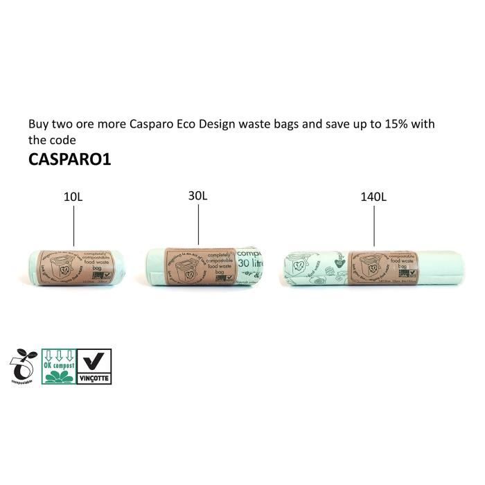 30L Sacs poubelle compostable - 50 Sacs poubelle Bio - Certifié 100%  compostable - Biodégradable - Sac Poubelle - casparo Eco Design - Cdiscount  Au quotidien