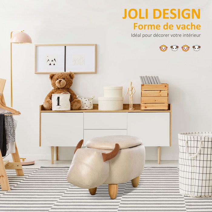 HOMCOM Tabouret Pouf Rhinocéros Pour Enfants Coffre De Rangement 2 En 1 Pieds En Bois 70 X 35 X 36 Cm Gris~1c7t48qpr3000