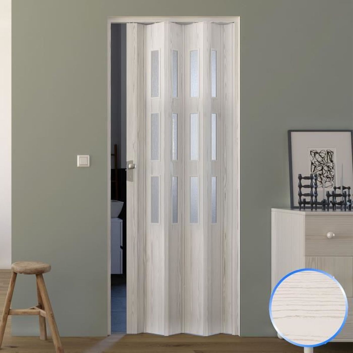 Porte Pliante Pvc Accordeon Verre Opaque Pin Blanchi 88 5x214cm
