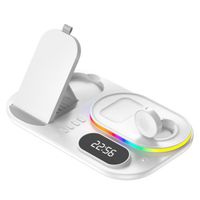 Chargeur Sans Fil,AMORUS 4-en-1 téléphone montre écouteur horloge numérique 15W téléphone support de charge sans fil Blanc
