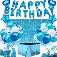 RiWill Anniversaire Ballon Rose Kit Guirlande Happy Birthday, Nappe Rose Or, Rideau à Franges Bleu
