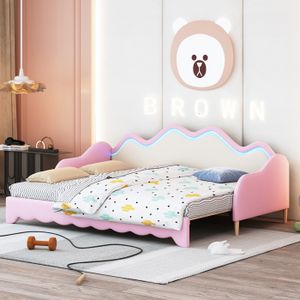 SOMMIER Lit rembourré 90(180)*190cm,canapé-lit multifonction 2 en 1,lit enfant en simili cuir avec éclairage LED,avec sommier à lattes,rose