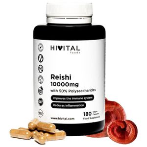 COMPLEMENTS ALIMENTAIRES - VITALITE Reishi 10000 mg. 180 gélules vegan pour 6 mois. Avec 50% de Polysaccharides, 10% de Bêta-glucanes et 2% de Triterpènes. 