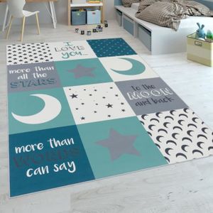 TAPIS Tapis Chambre Enfant Garçons Lavable Curs Étoiles Lune Inscription Bleu Gris [120x160 cm]